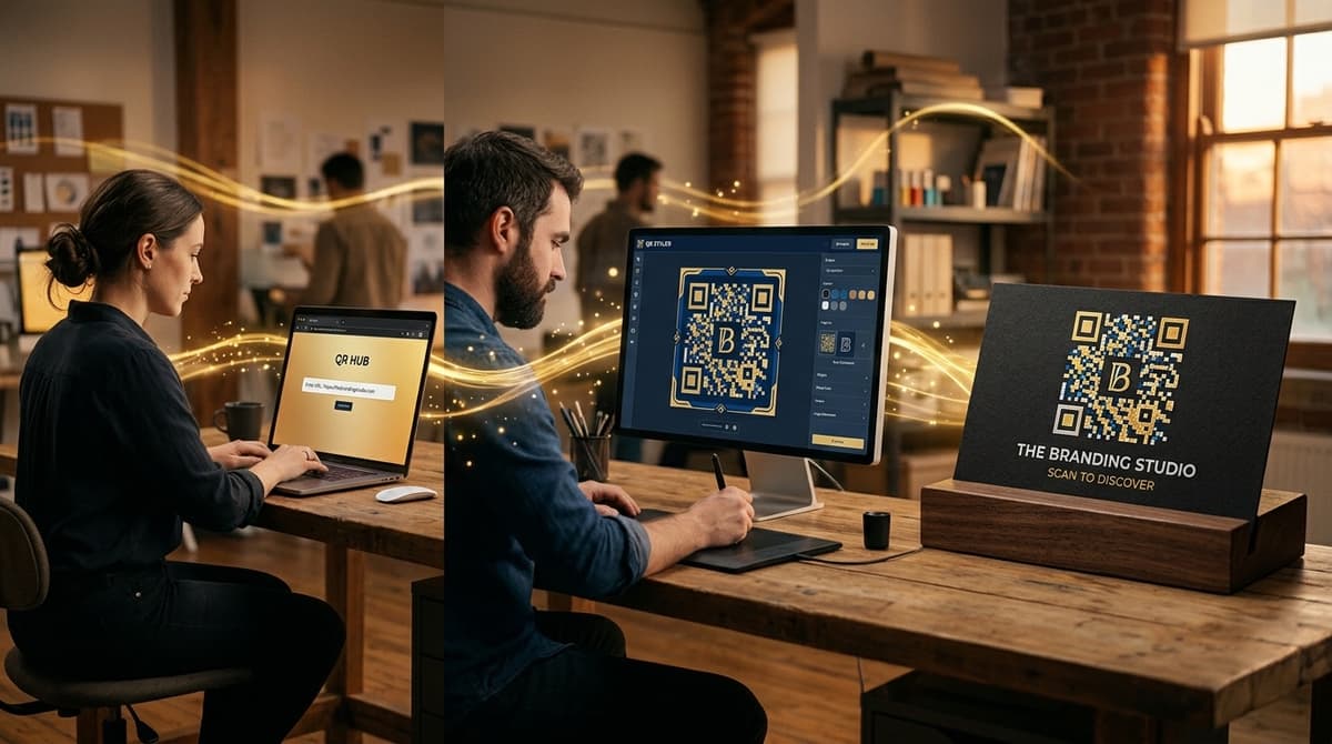 Схема работы генератора QR кодов: ввод ссылки, выбор стиля, скачивание результата