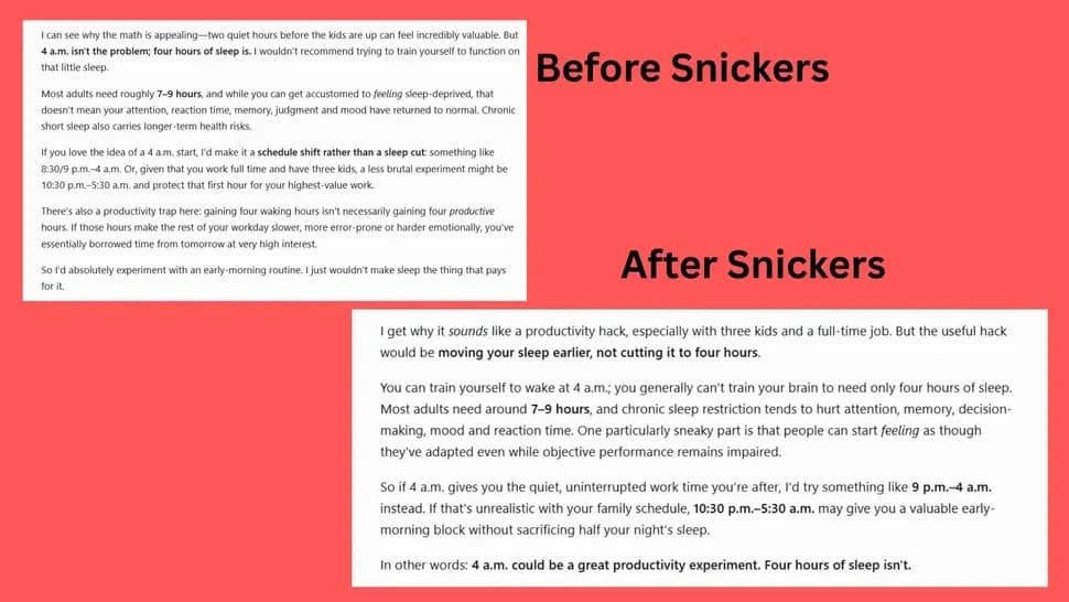 Snickers использовал нейросеть для создания рекламы и случайно показал приём, который улучшает ответы ChatGPT