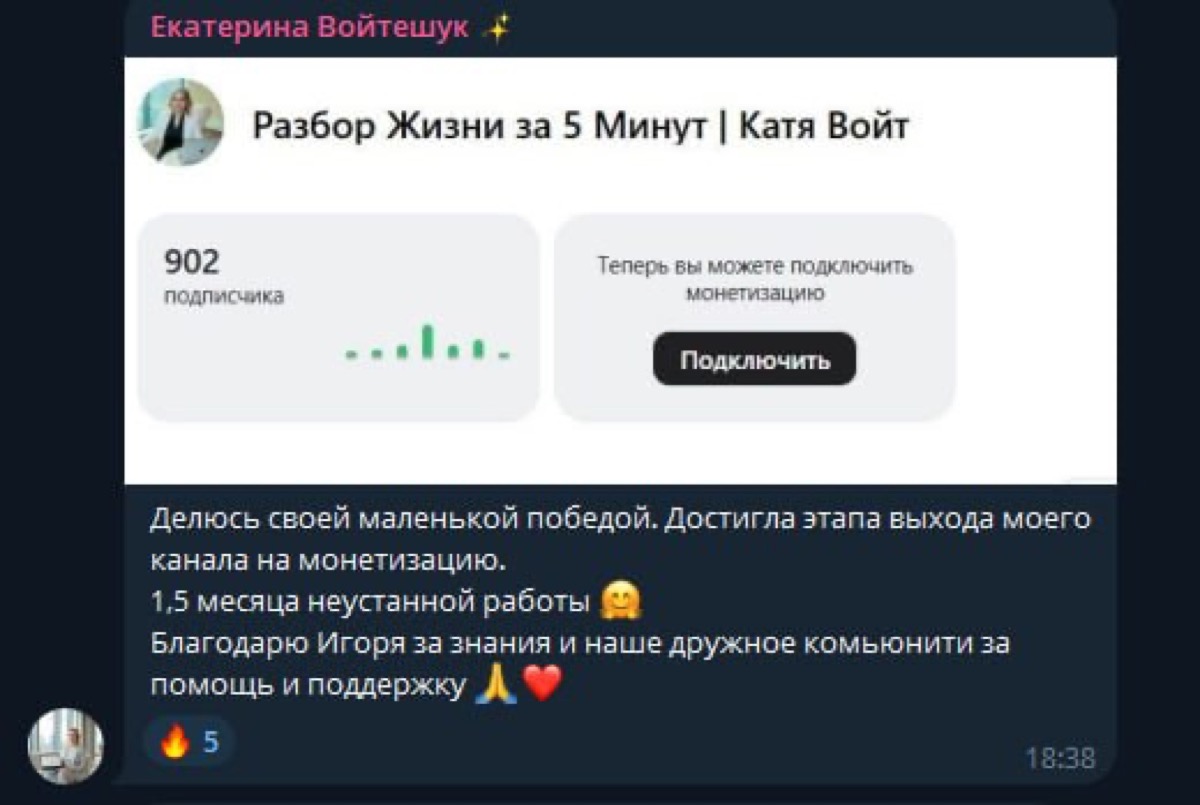 Сообщение Екатерины: 902 подписчика и монетизация за полтора месяца