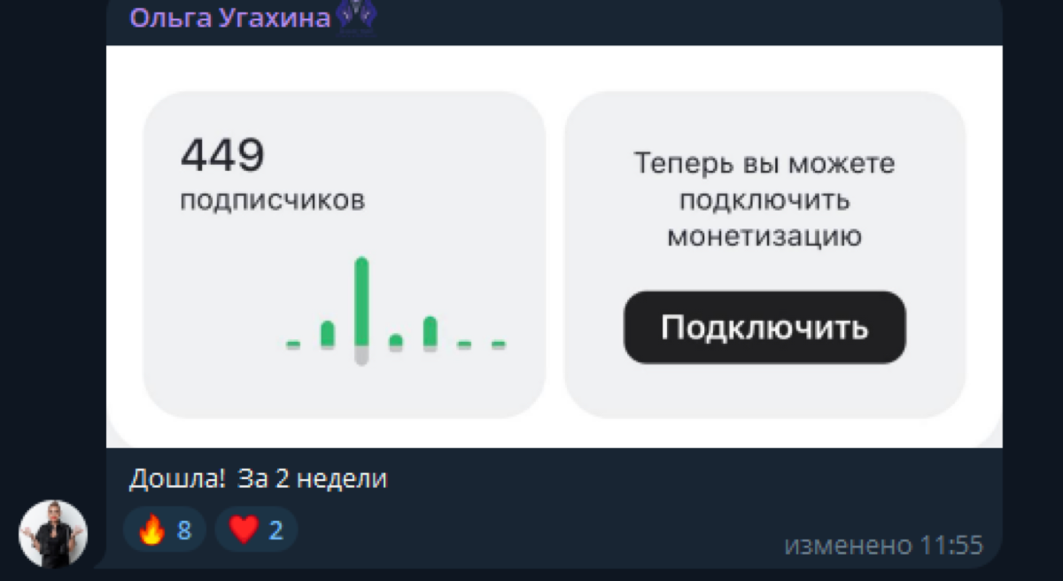 Сообщение Ольги: монетизация за 2 недели